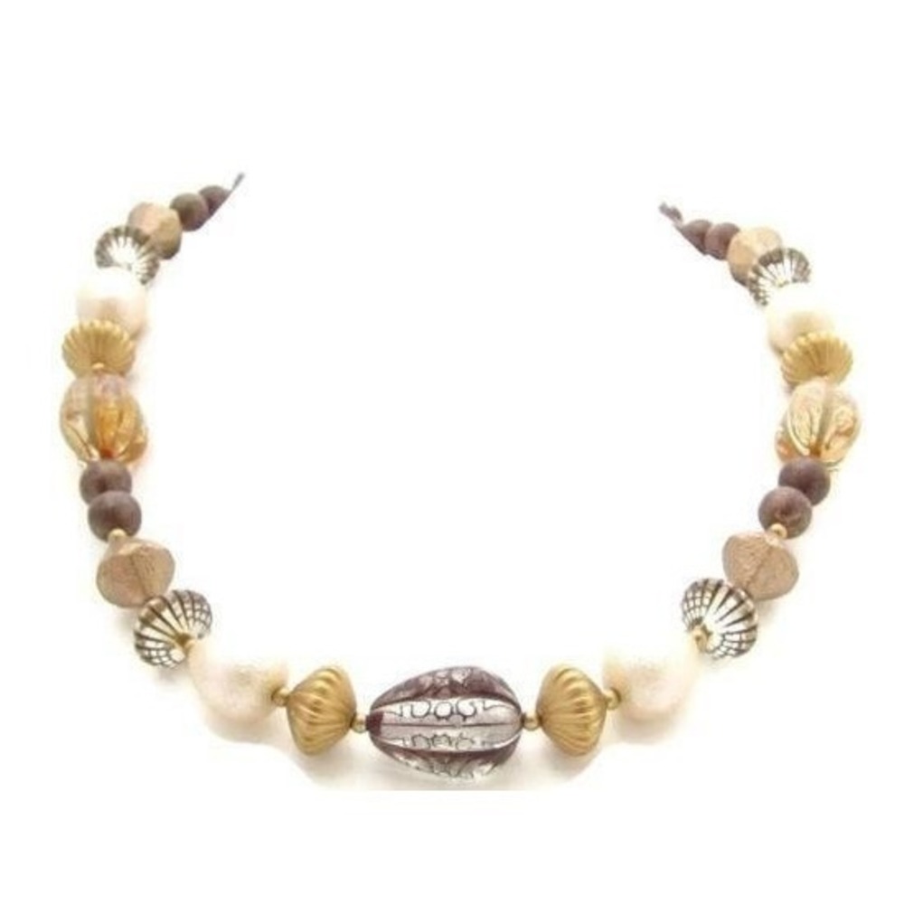 Vintage Brown,‎ Cream White & Gold Tone Acrylic Multi-Color Bead Necklace